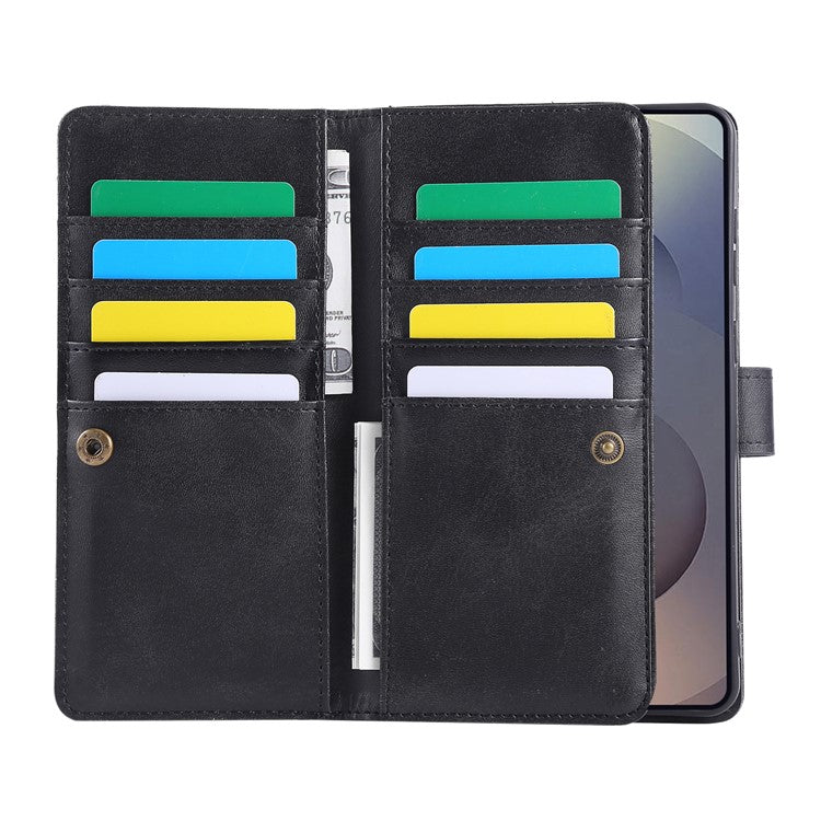 For Samsung Galaxy S25 Edge Case Split Leather Magnetic Wallet Phone Protector with Wrist Strap - Black
