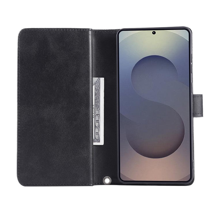 For Samsung Galaxy S25 Edge Case Split Leather Magnetic Wallet Phone Protector with Wrist Strap - Black