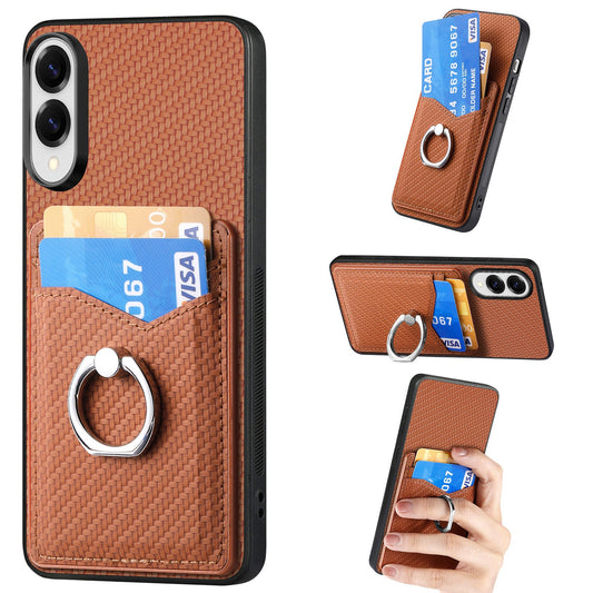 For Samsung Galaxy S25 Edge Case Card Slots Ring Holder Kickstand Phone Cover - Brown