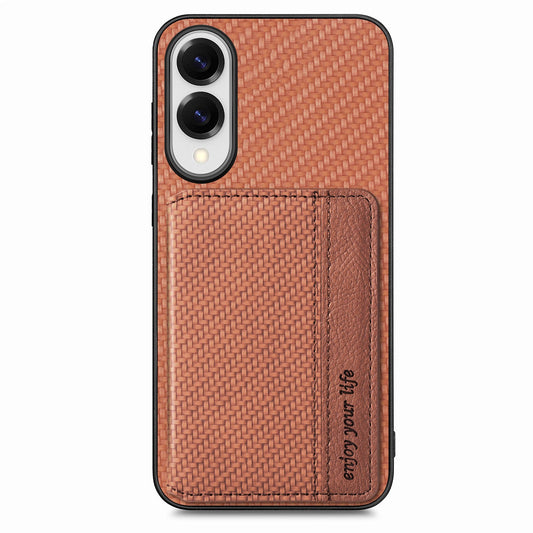 For Samsung Galaxy S25 Edge Case RFID Blocking Carbon Fiber Leather Phone Back Cover with Card Holder - Brown