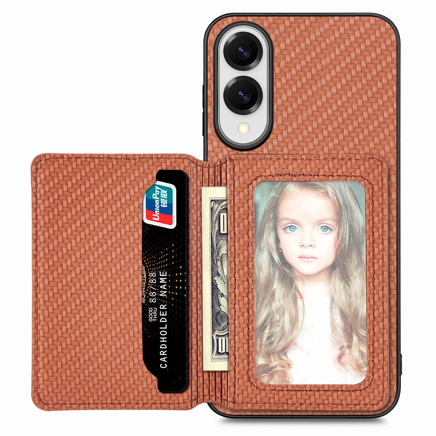 For Samsung Galaxy S25 Edge Case RFID Blocking Carbon Fiber Leather Phone Back Cover with Card Holder - Brown
