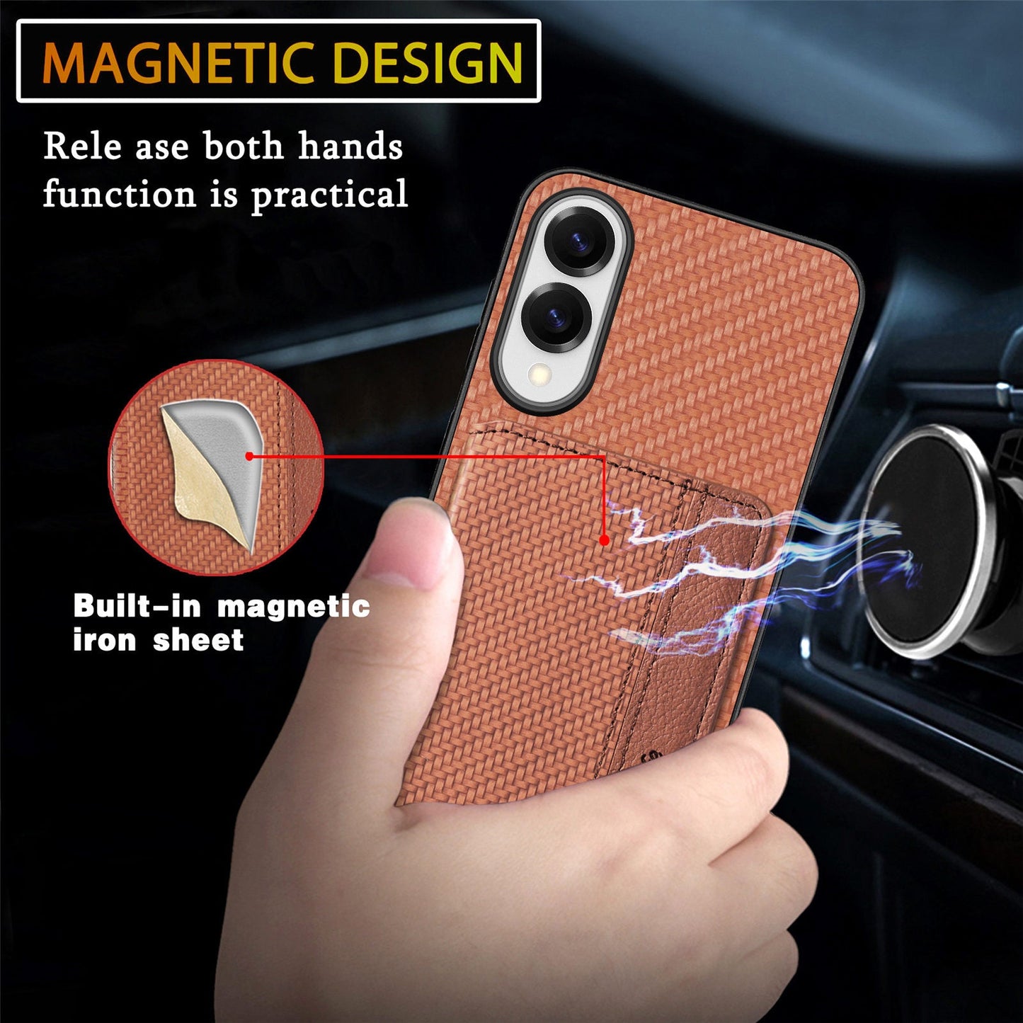 For Samsung Galaxy S25 Edge Case RFID Blocking Carbon Fiber Leather Phone Back Cover with Card Holder - Brown