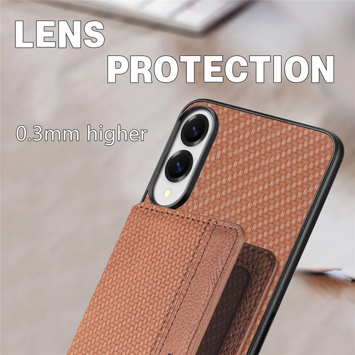 For Samsung Galaxy S25 Edge Case RFID Blocking Carbon Fiber Leather Phone Back Cover with Card Holder - Brown