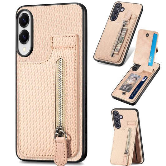 For Samsung Galaxy S25 Edge Case Leather Phone Back Cover with Zipper Card Holder Kickstand - Apricot