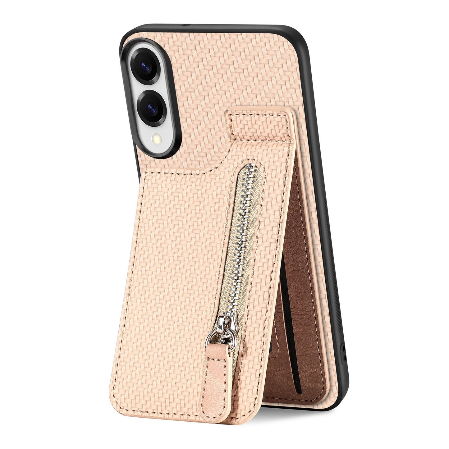 For Samsung Galaxy S25 Edge Case Leather Phone Back Cover with Zipper Card Holder Kickstand - Apricot