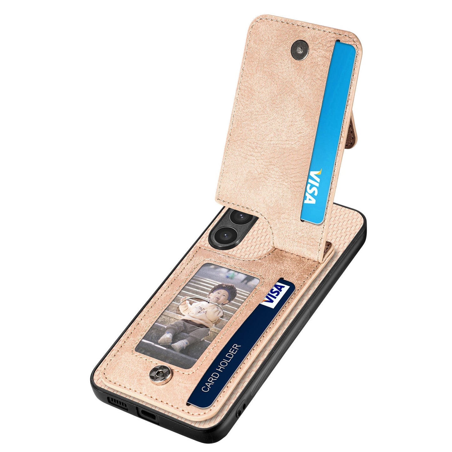 For Samsung Galaxy S25 Edge Case Leather Phone Back Cover with Zipper Card Holder Kickstand - Apricot