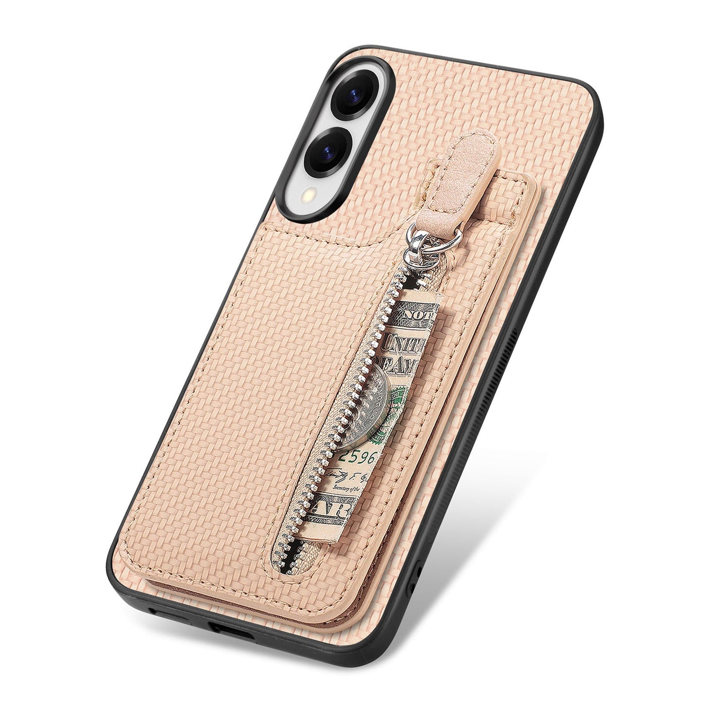 For Samsung Galaxy S25 Edge Case Leather Phone Back Cover with Zipper Card Holder Kickstand - Apricot