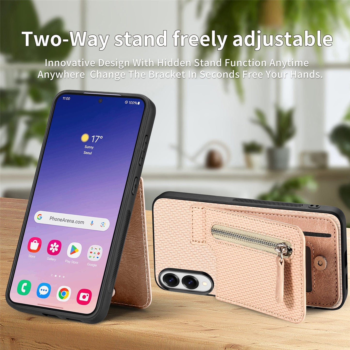 For Samsung Galaxy S25 Edge Case Leather Phone Back Cover with Zipper Card Holder Kickstand - Apricot