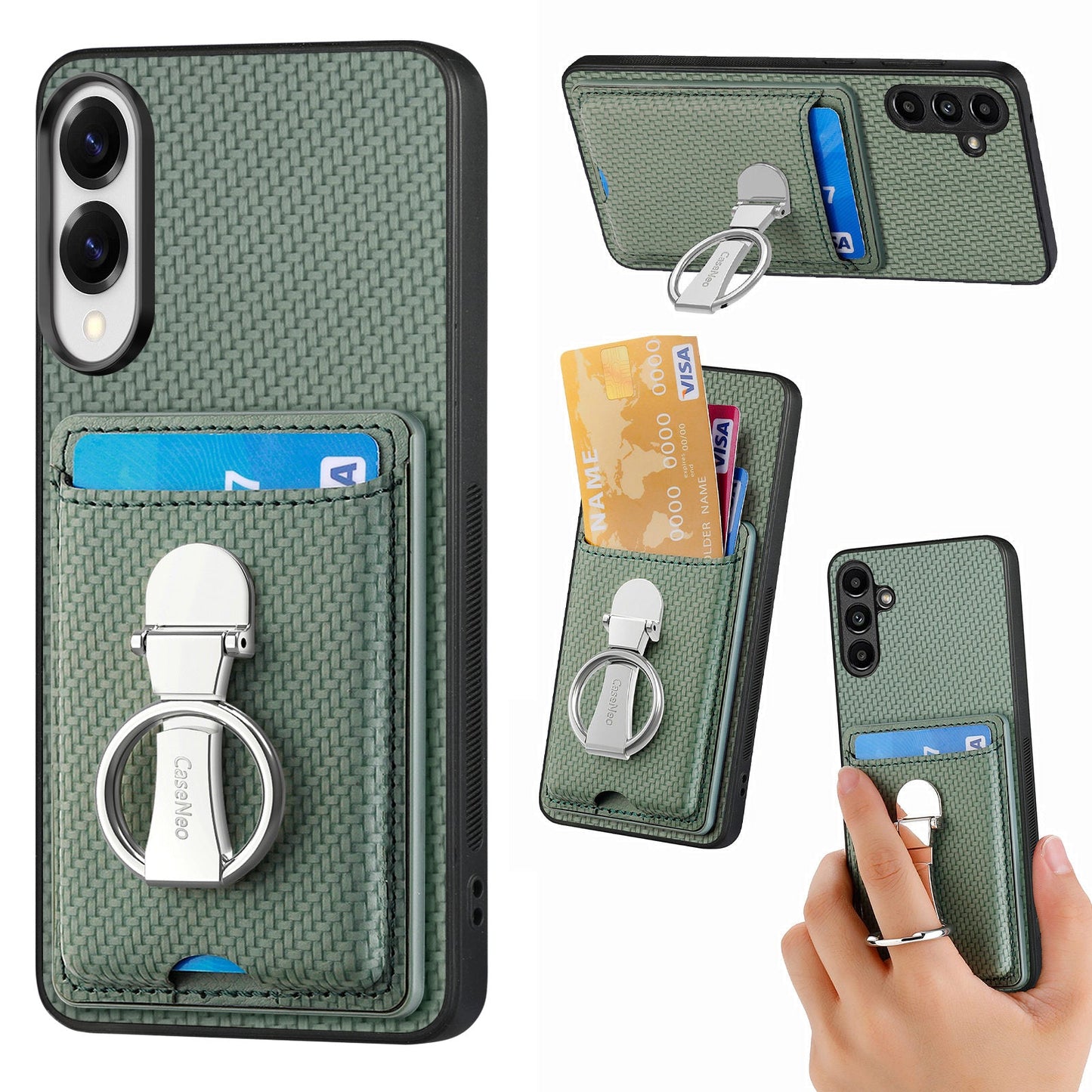 For Samsung Galaxy S25 Edge Leather Phone Back Cover with Kickstand and Card Slots Carbon Fiber Texture - Green