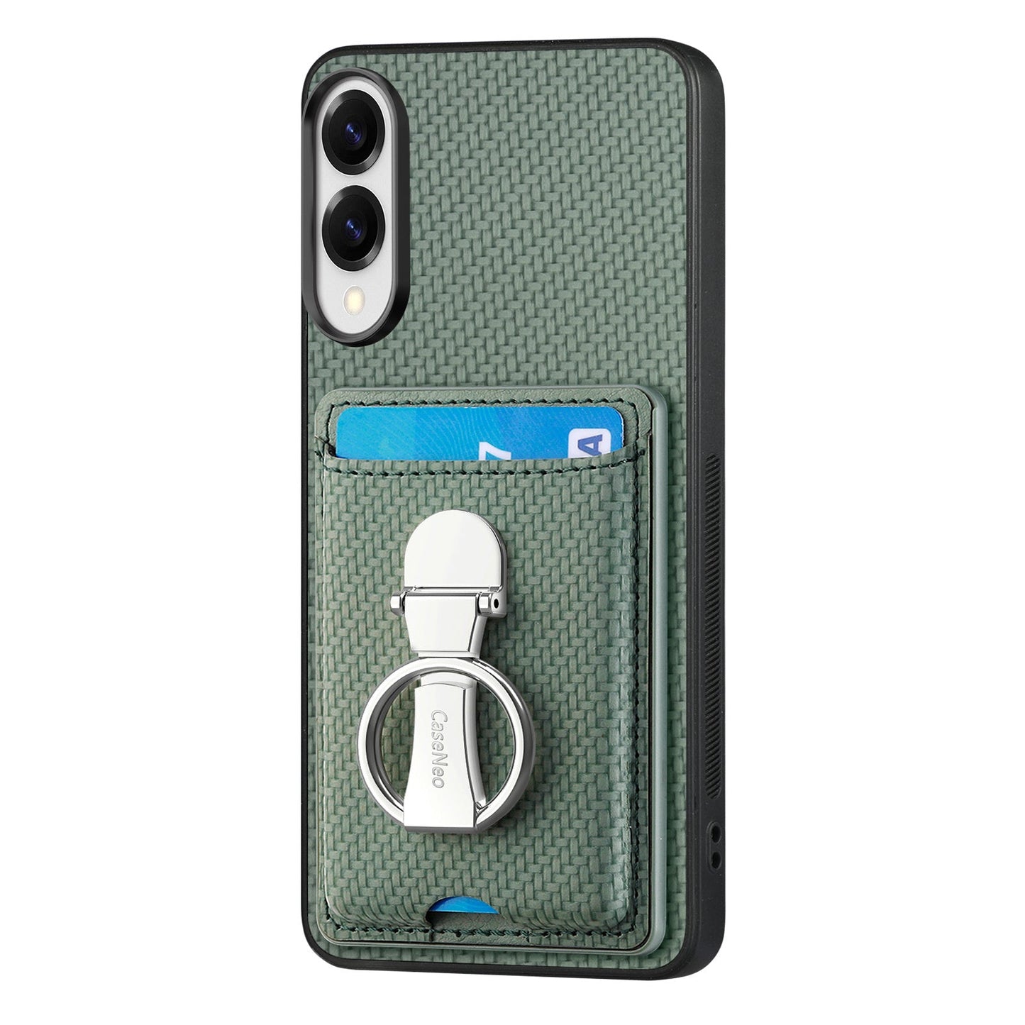 For Samsung Galaxy S25 Edge Leather Phone Back Cover with Kickstand and Card Slots Carbon Fiber Texture - Green