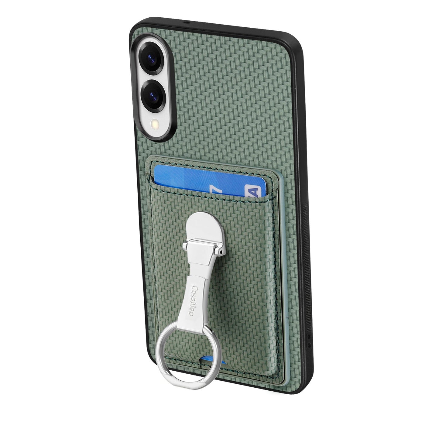 For Samsung Galaxy S25 Edge Leather Phone Back Cover with Kickstand and Card Slots Carbon Fiber Texture - Green