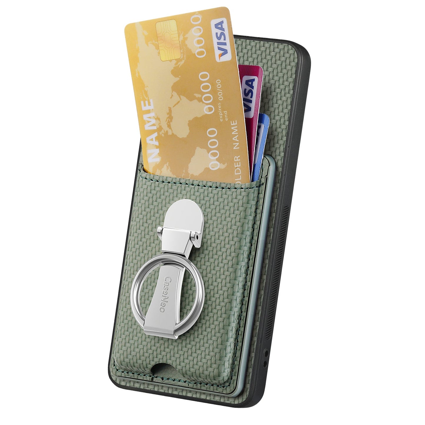 For Samsung Galaxy S25 Edge Leather Phone Back Cover with Kickstand and Card Slots Carbon Fiber Texture - Green