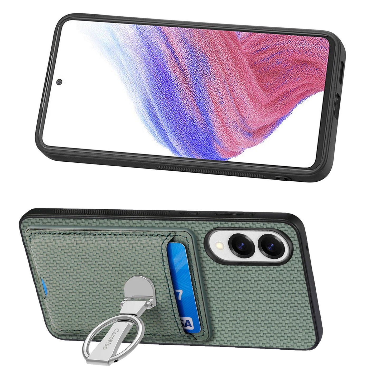 For Samsung Galaxy S25 Edge Leather Phone Back Cover with Kickstand and Card Slots Carbon Fiber Texture - Green
