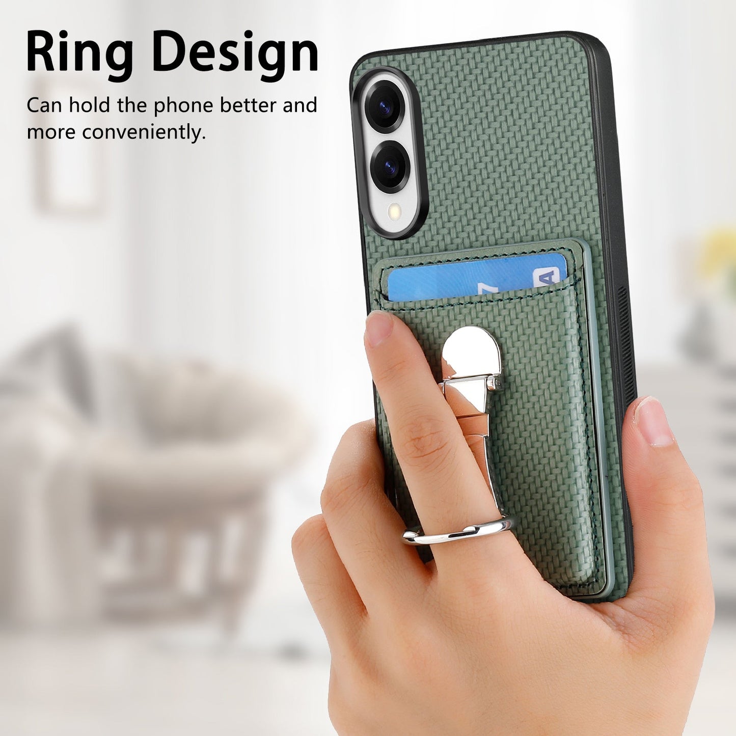 For Samsung Galaxy S25 Edge Leather Phone Back Cover with Kickstand and Card Slots Carbon Fiber Texture - Green