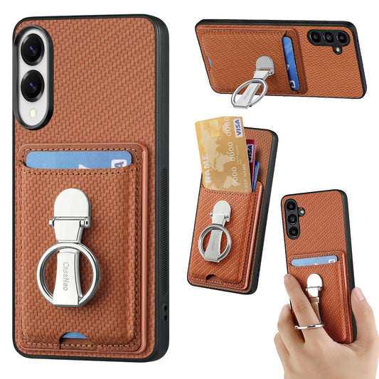 For Samsung Galaxy S25 Edge Leather Phone Back Cover with Kickstand and Card Slots Carbon Fiber Texture - Brown