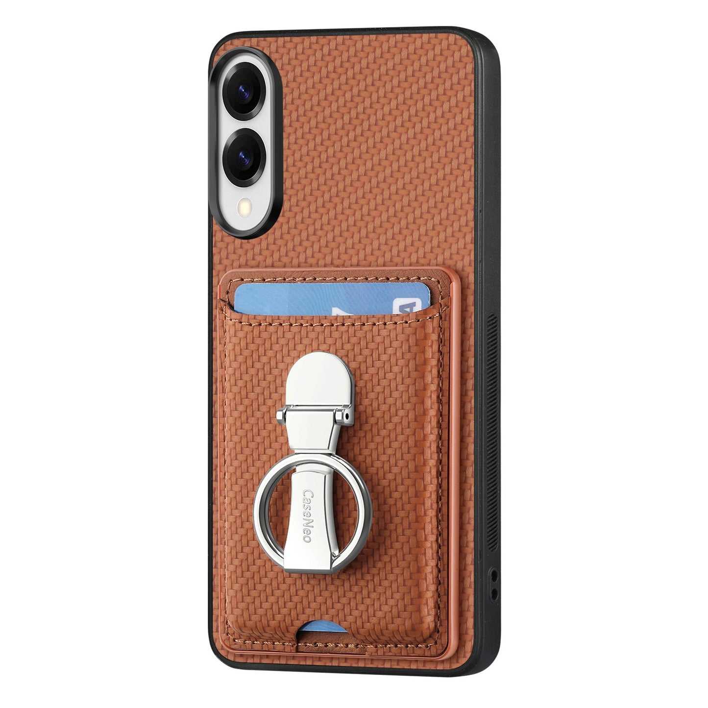 For Samsung Galaxy S25 Edge Leather Phone Back Cover with Kickstand and Card Slots Carbon Fiber Texture - Brown