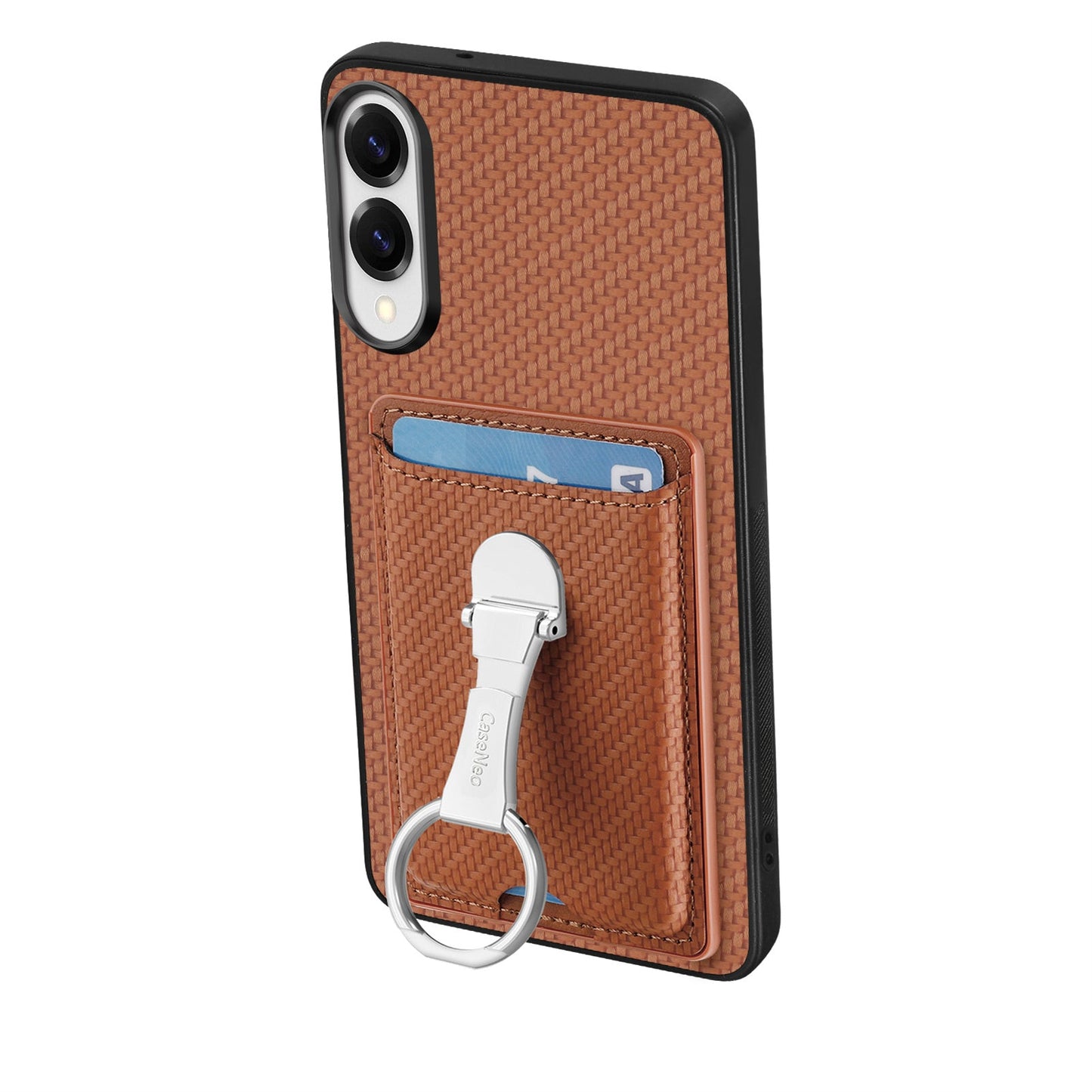 For Samsung Galaxy S25 Edge Leather Phone Back Cover with Kickstand and Card Slots Carbon Fiber Texture - Brown
