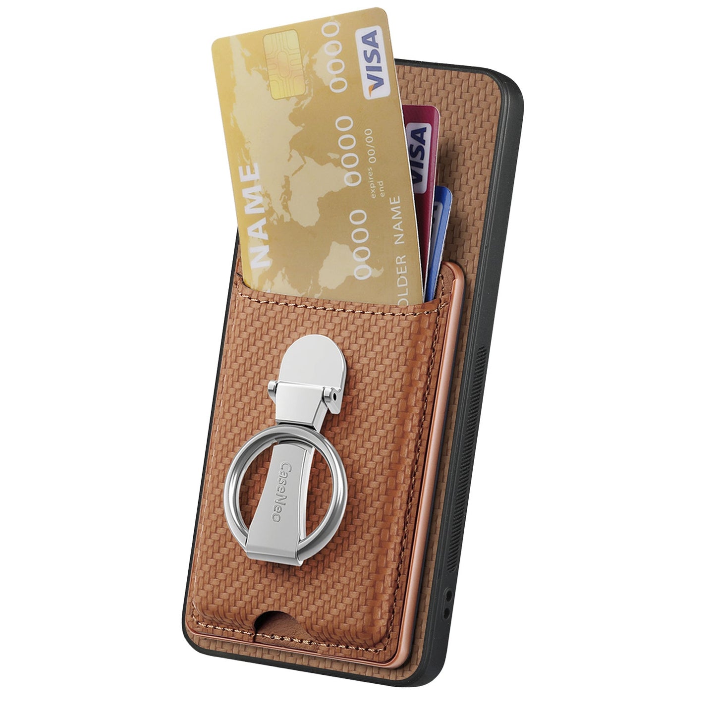 For Samsung Galaxy S25 Edge Leather Phone Back Cover with Kickstand and Card Slots Carbon Fiber Texture - Brown