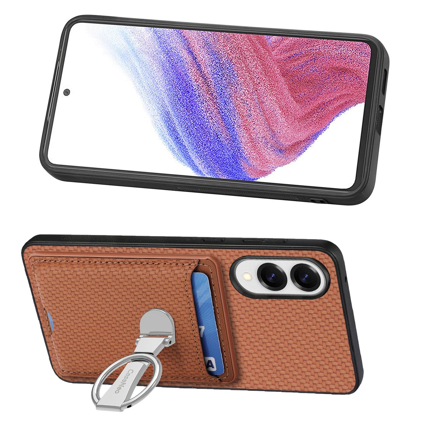 For Samsung Galaxy S25 Edge Leather Phone Back Cover with Kickstand and Card Slots Carbon Fiber Texture - Brown