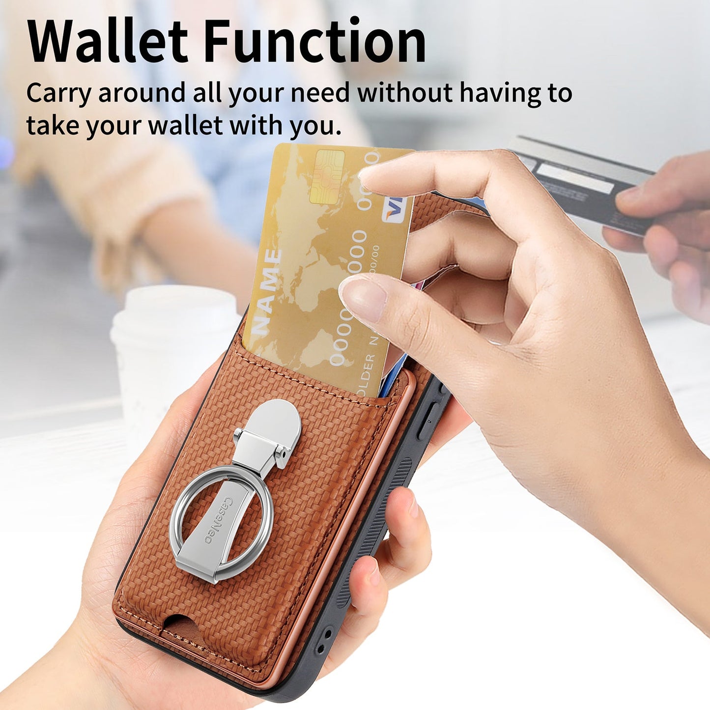 For Samsung Galaxy S25 Edge Leather Phone Back Cover with Kickstand and Card Slots Carbon Fiber Texture - Brown