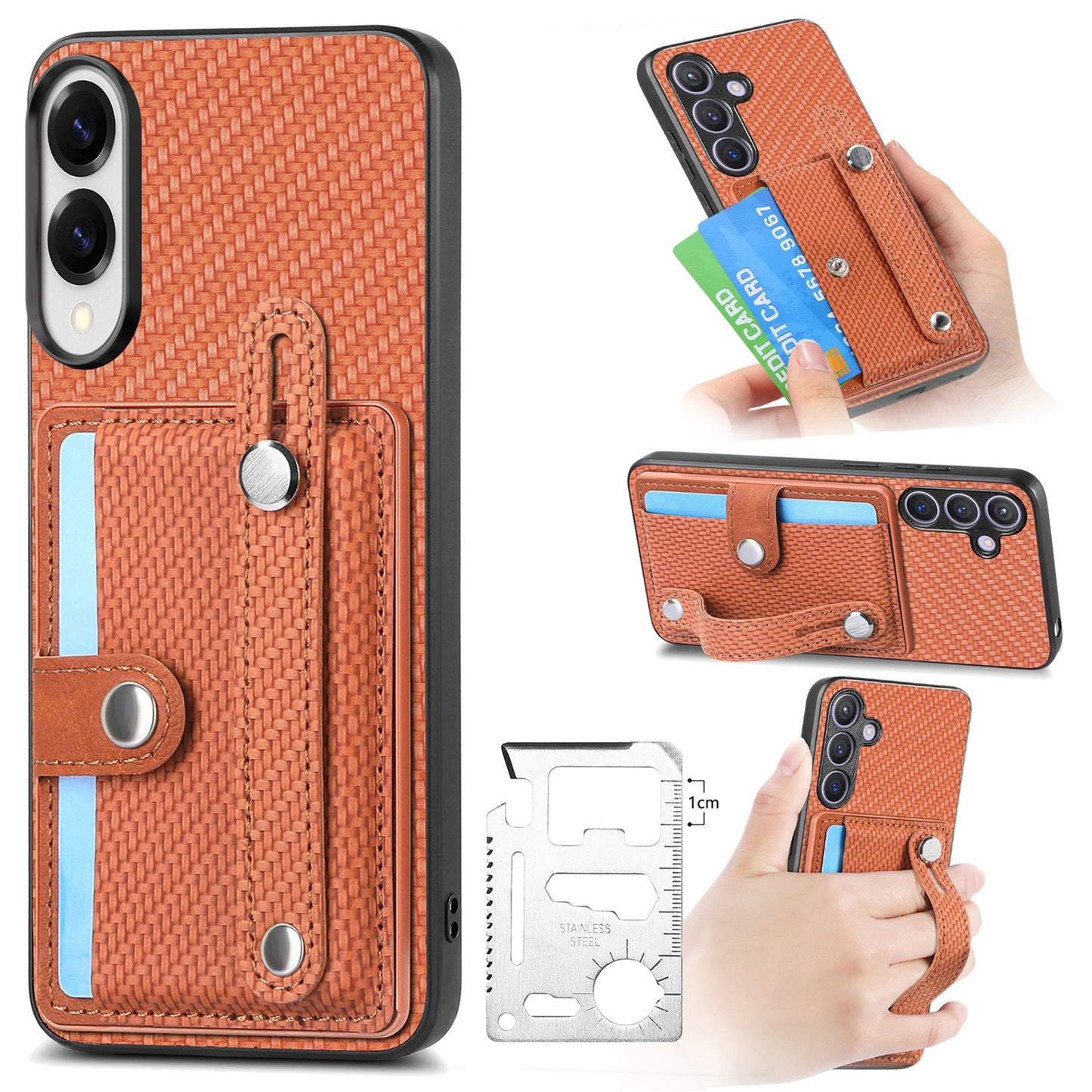For Samsung Galaxy S25 Edge Case Carbon Fiber Texture Leather Phone Back Cover with Card Holder - Brown