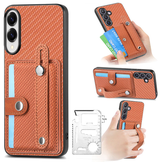 For Samsung Galaxy S25 Edge Case Carbon Fiber Texture Leather Phone Back Cover with Card Holder - Brown
