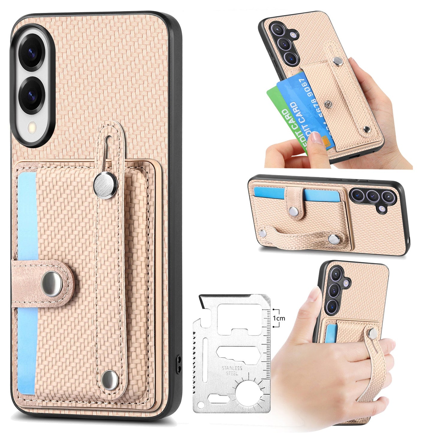 For Samsung Galaxy S25 Edge Case Carbon Fiber Texture Leather Phone Back Cover with Card Holder - Khaki