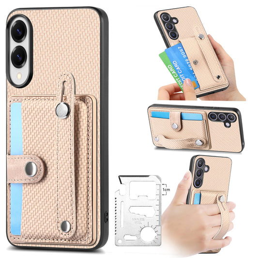 For Samsung Galaxy S25 Edge Case Carbon Fiber Texture Leather Phone Back Cover with Card Holder - Khaki