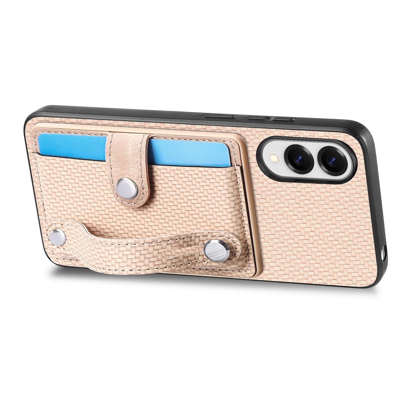 For Samsung Galaxy S25 Edge Case Carbon Fiber Texture Leather Phone Back Cover with Card Holder - Khaki