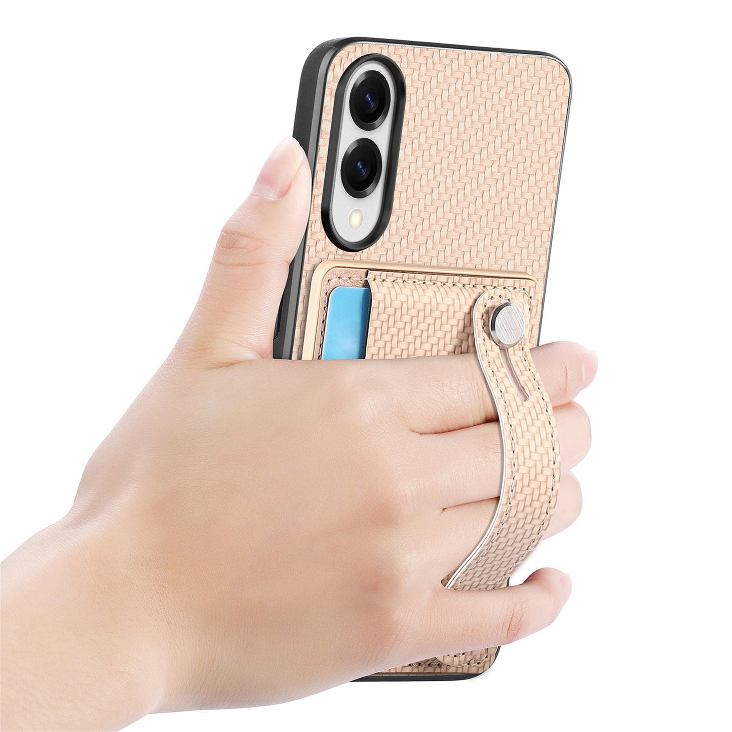 For Samsung Galaxy S25 Edge Case Carbon Fiber Texture Leather Phone Back Cover with Card Holder - Khaki