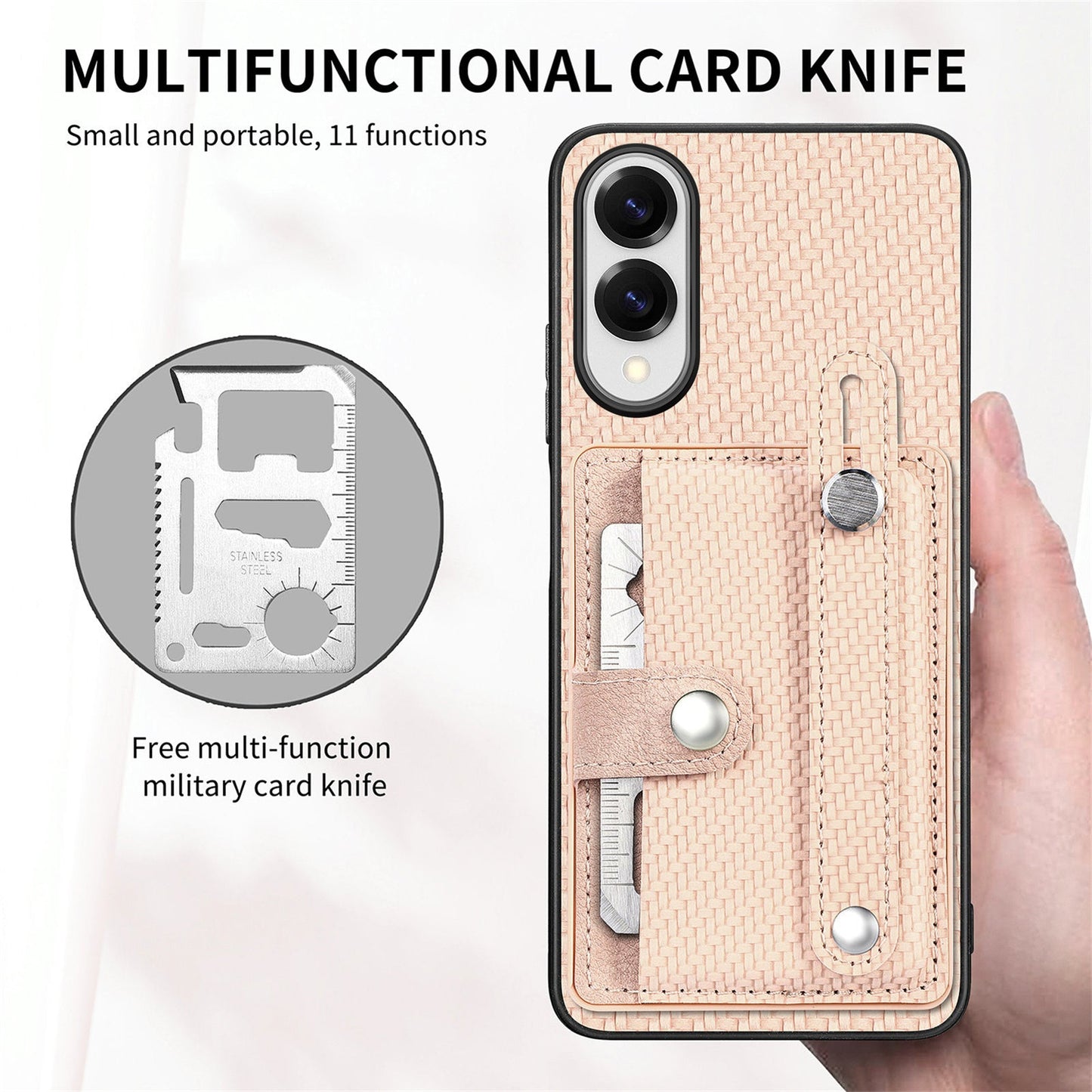 For Samsung Galaxy S25 Edge Case Carbon Fiber Texture Leather Phone Back Cover with Card Holder - Khaki