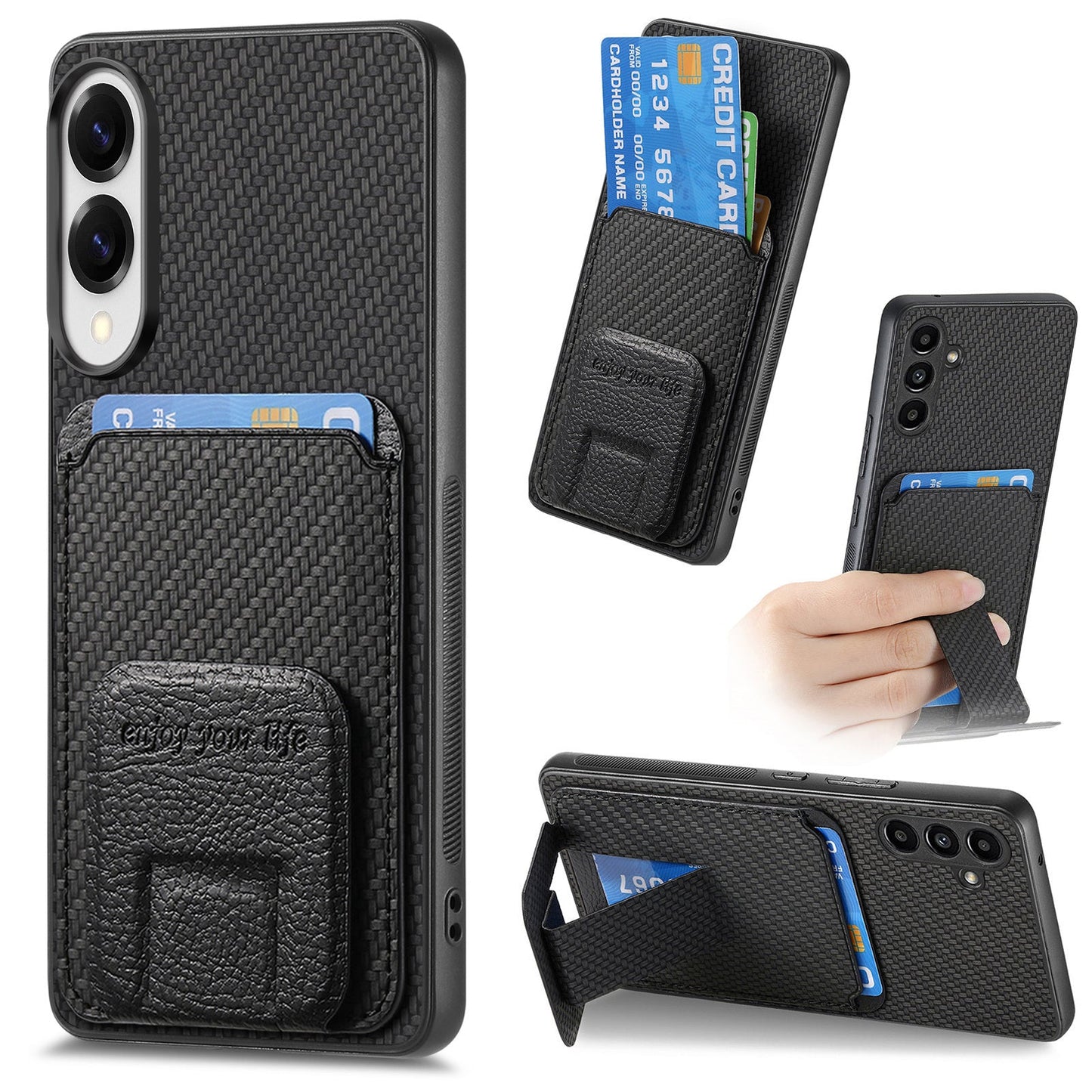 For Samsung Galaxy S25 Edge Case Card Holder Carbon Fiber Texture Leather Coated TPU Phone Cover - Black