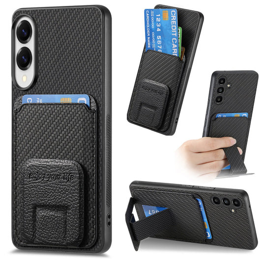 For Samsung Galaxy S25 Edge Case Card Holder Carbon Fiber Texture Leather Coated TPU Phone Cover - Black