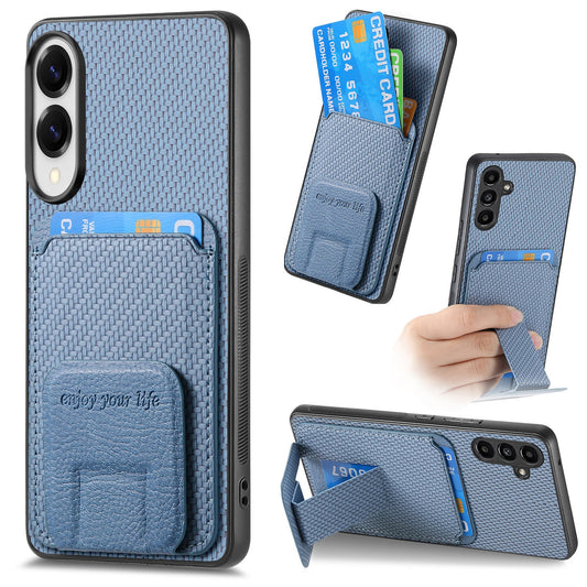 For Samsung Galaxy S25 Edge Case Card Holder Carbon Fiber Texture Leather Coated TPU Phone Cover - Blue