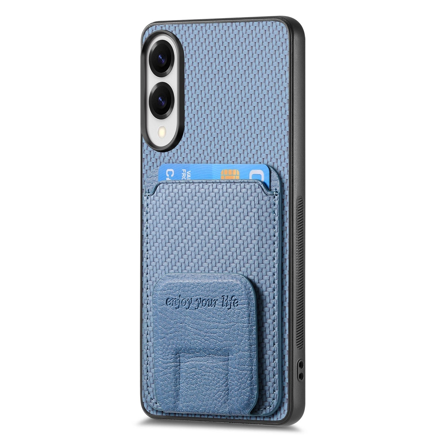 For Samsung Galaxy S25 Edge Case Card Holder Carbon Fiber Texture Leather Coated TPU Phone Cover - Blue