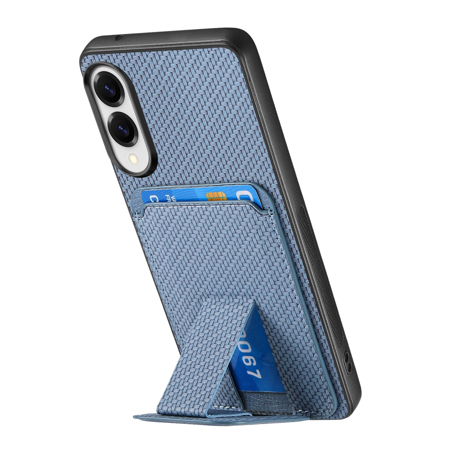 For Samsung Galaxy S25 Edge Case Card Holder Carbon Fiber Texture Leather Coated TPU Phone Cover - Blue