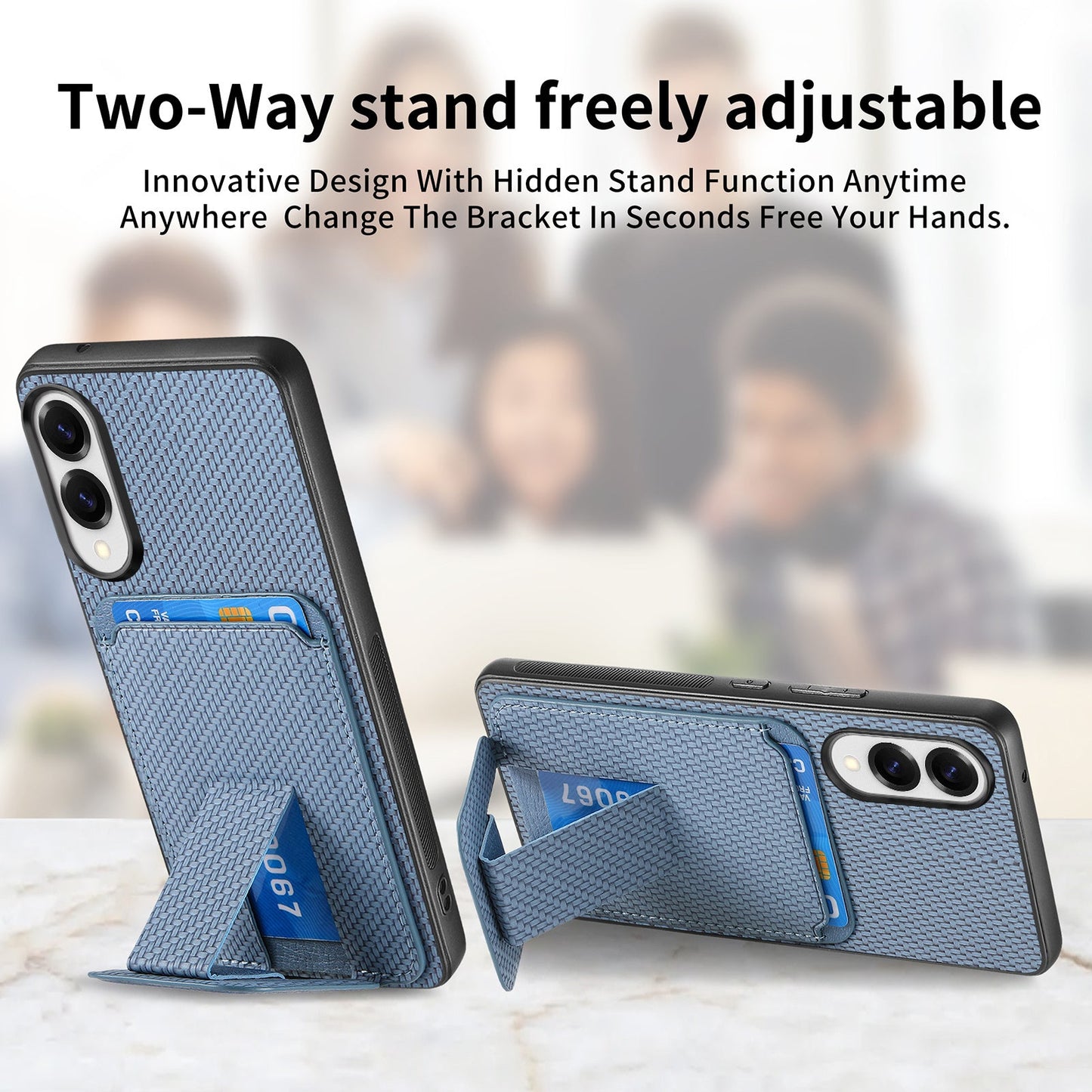 For Samsung Galaxy S25 Edge Case Card Holder Carbon Fiber Texture Leather Coated TPU Phone Cover - Blue