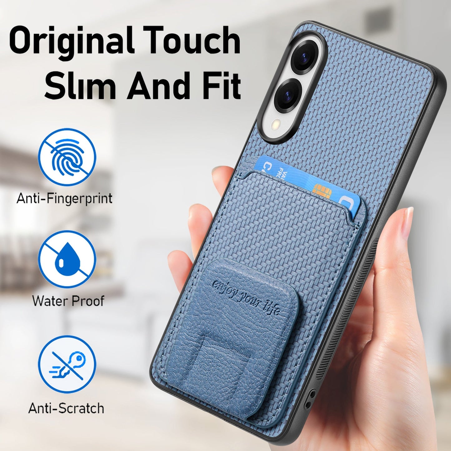 For Samsung Galaxy S25 Edge Case Card Holder Carbon Fiber Texture Leather Coated TPU Phone Cover - Blue
