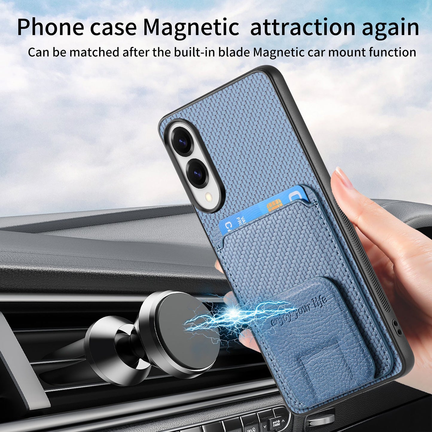 For Samsung Galaxy S25 Edge Case Card Holder Carbon Fiber Texture Leather Coated TPU Phone Cover - Blue