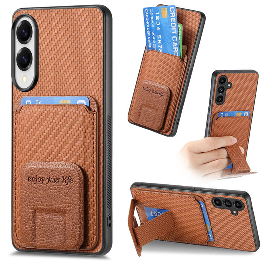 For Samsung Galaxy S25 Edge Case Card Holder Carbon Fiber Texture Leather Coated TPU Phone Cover - Brown