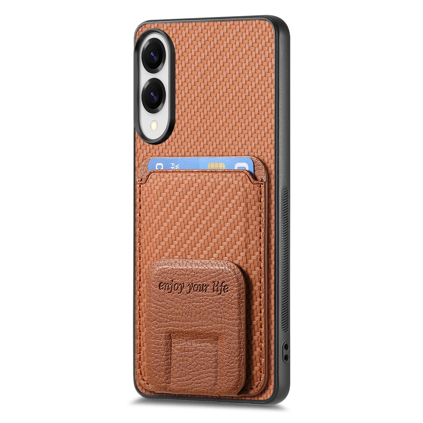 For Samsung Galaxy S25 Edge Case Card Holder Carbon Fiber Texture Leather Coated TPU Phone Cover - Brown