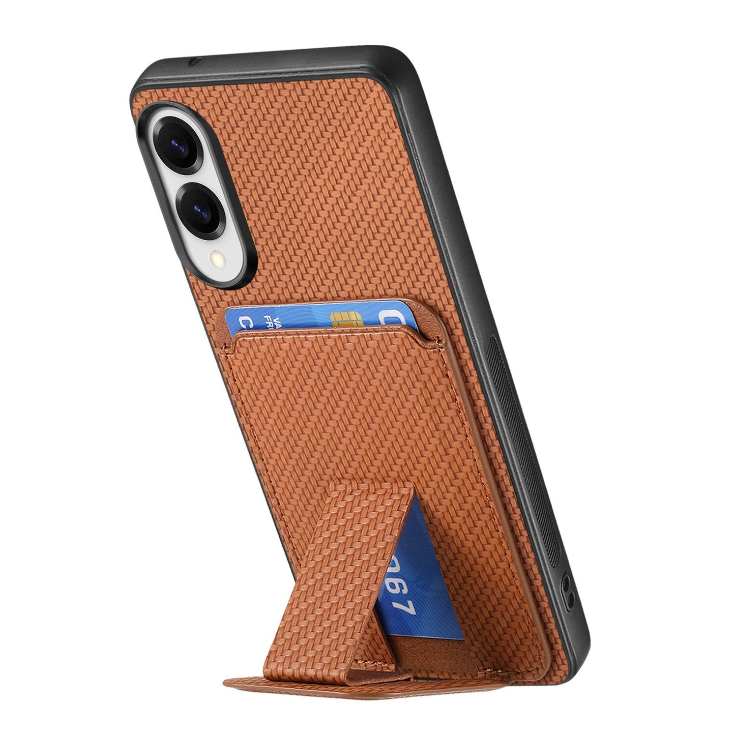 For Samsung Galaxy S25 Edge Case Card Holder Carbon Fiber Texture Leather Coated TPU Phone Cover - Brown