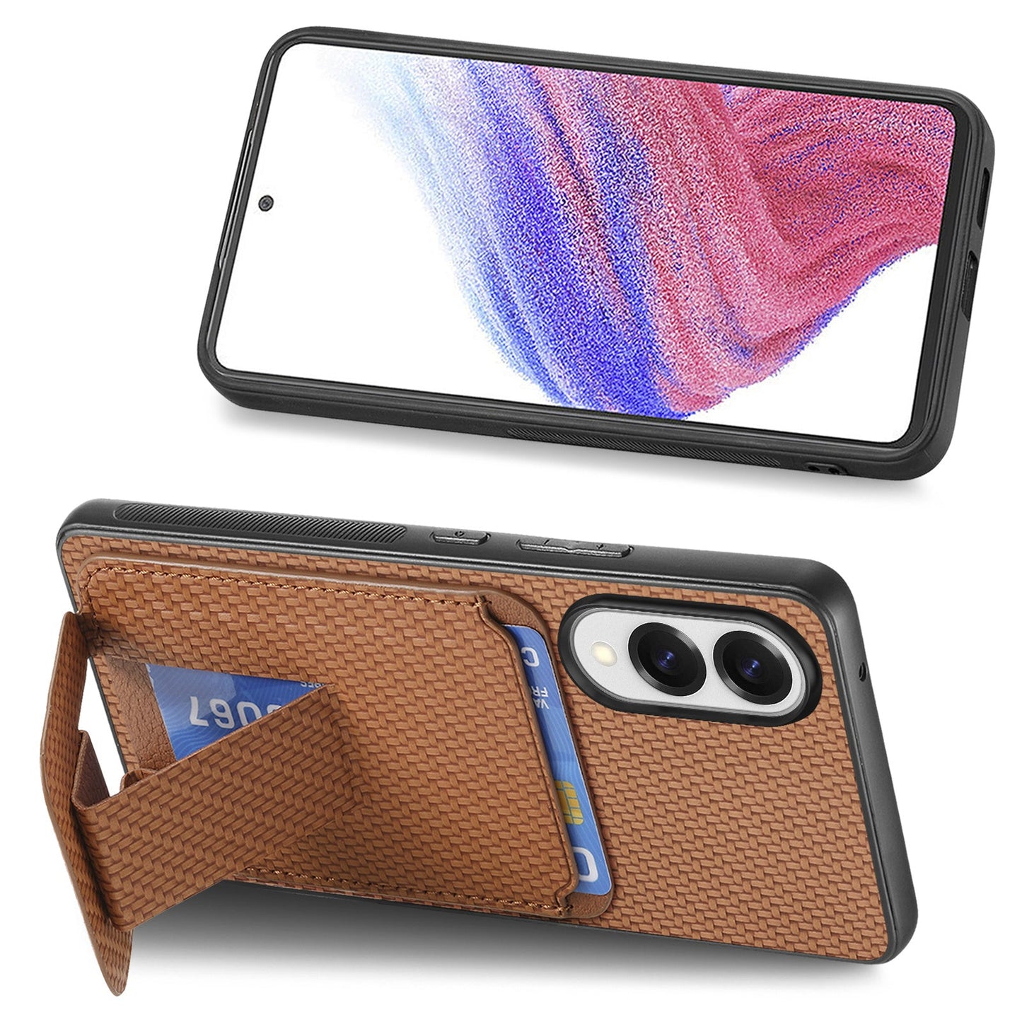 For Samsung Galaxy S25 Edge Case Card Holder Carbon Fiber Texture Leather Coated TPU Phone Cover - Brown