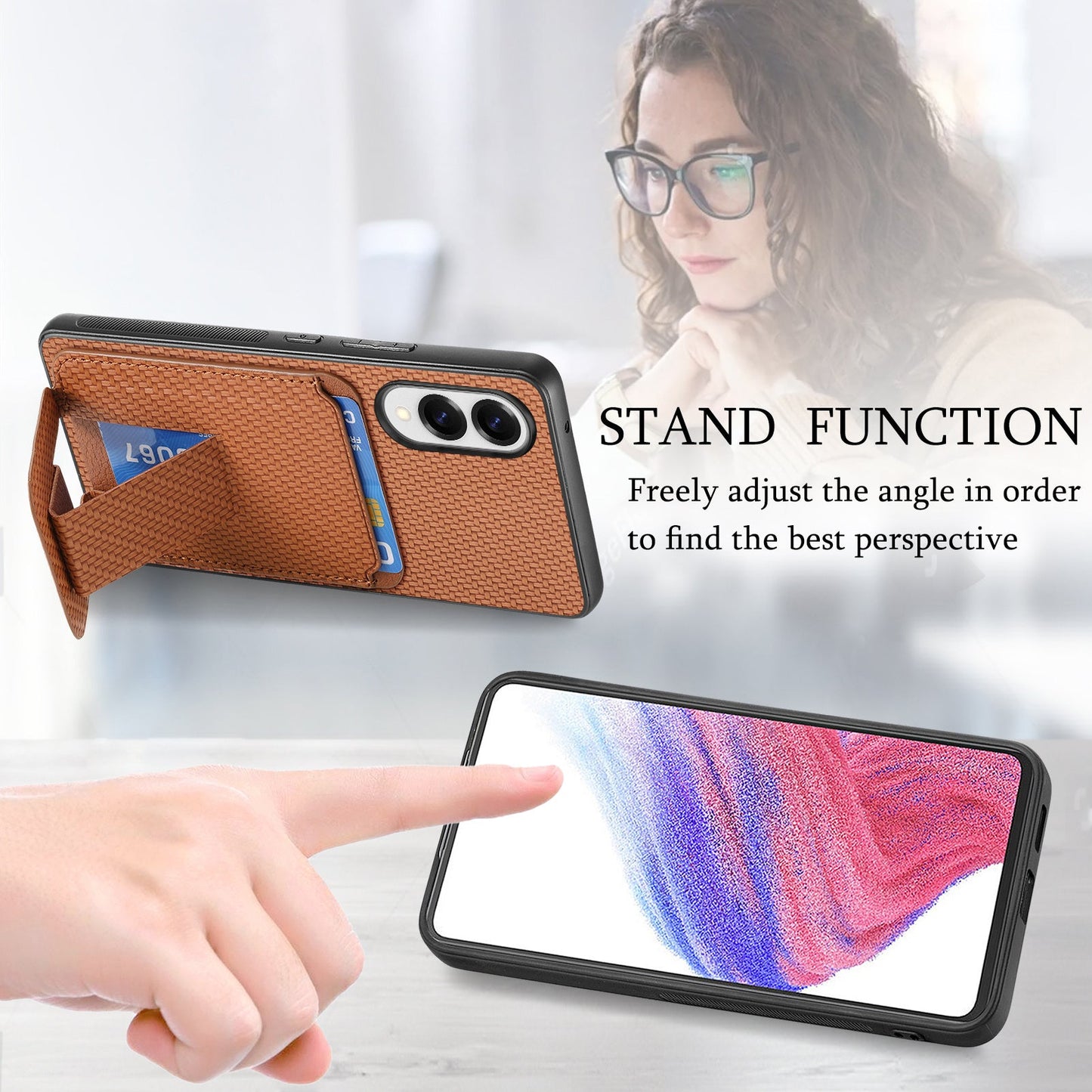 For Samsung Galaxy S25 Edge Case Card Holder Carbon Fiber Texture Leather Coated TPU Phone Cover - Brown