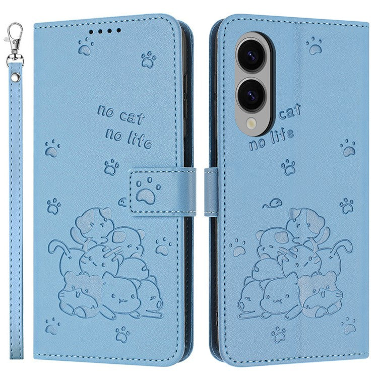 For Samsung Galaxy S25 Edge Wallet Case Cats Imprint Leather Phone Cover with Strap - Blue