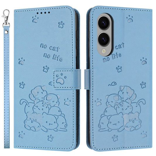 For Samsung Galaxy S25 Edge Wallet Case Cats Imprint Leather Phone Cover with Strap - Blue