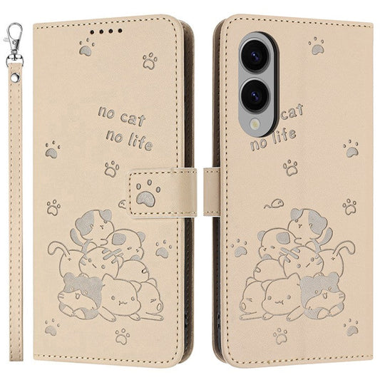 For Samsung Galaxy S25 Edge Wallet Case Cats Imprint Leather Phone Cover with Strap - Beige