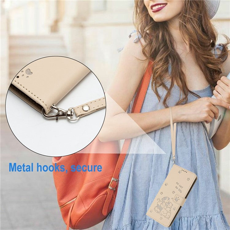 For Samsung Galaxy S25 Edge Wallet Case Cats Imprint Leather Phone Cover with Strap - Beige