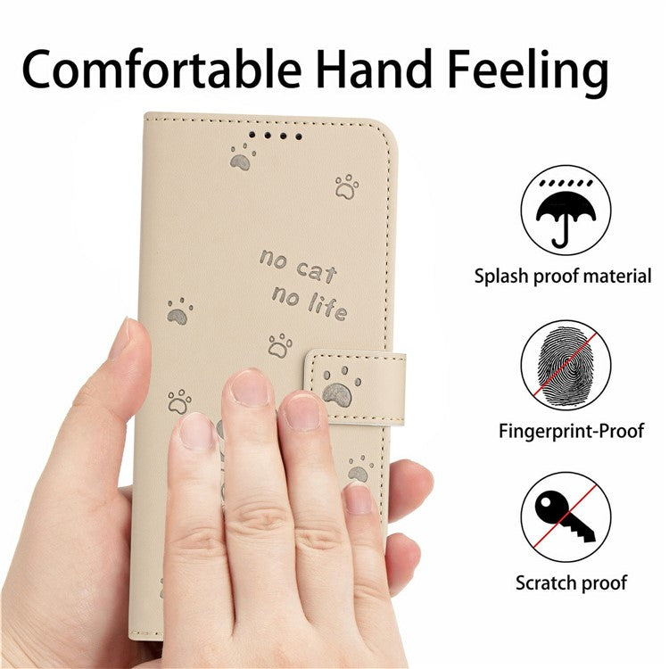 For Samsung Galaxy S25 Edge Wallet Case Cats Imprint Leather Phone Cover with Strap - Beige