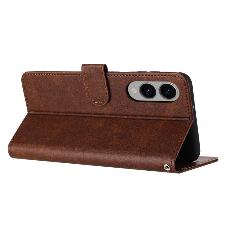 For Samsung Galaxy S25 Edge Case Flip Stand PU Leather Wallet Phone Cover Calf Texture - Brown